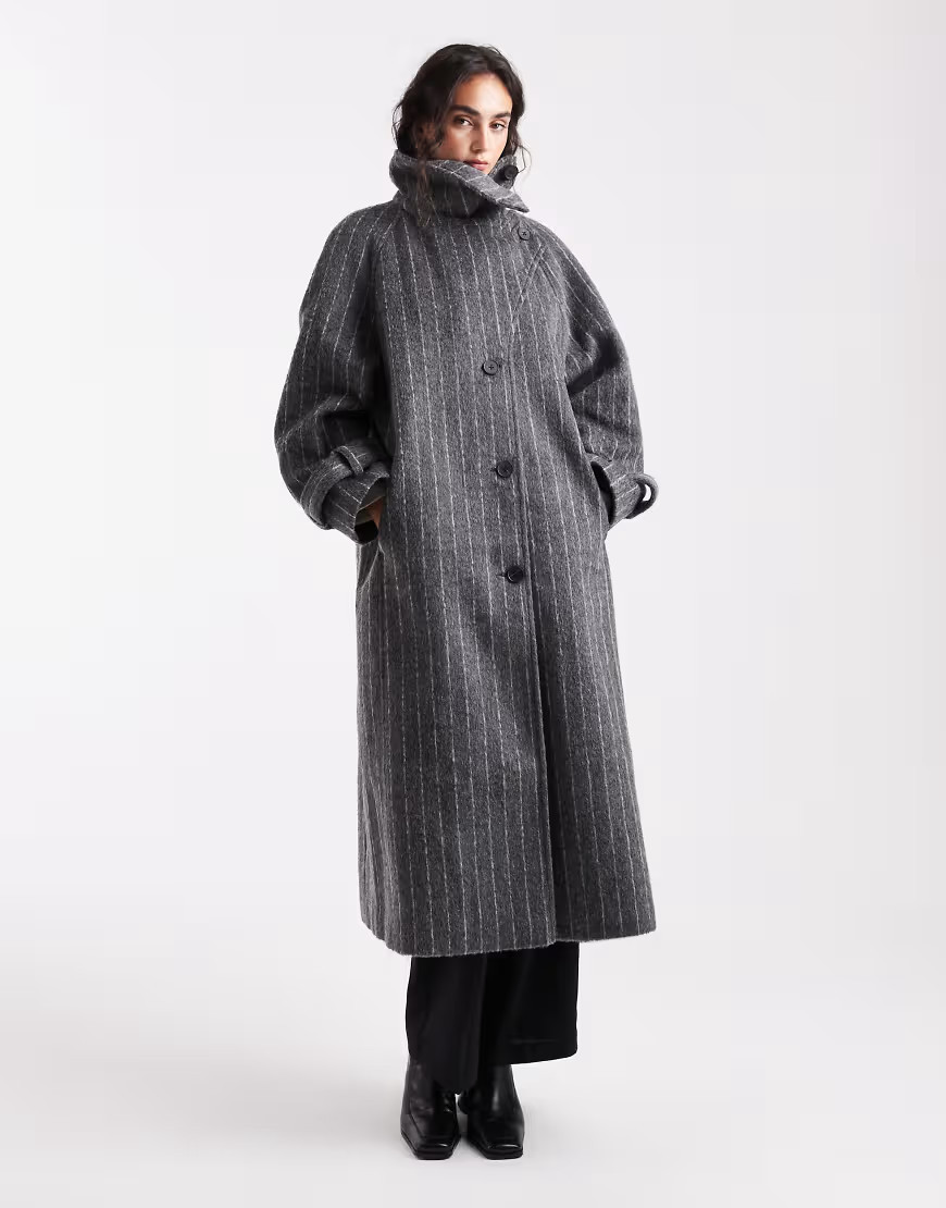 ASOS DESIGN longline wool blend funnel neck coat in grey pinstripe | ASOS (Global)