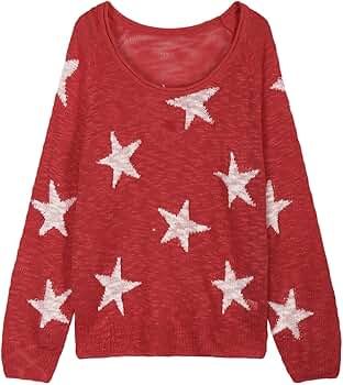 Women's Boat V Neck Long Sleeve Star Pullover Sweater Tunic Tops | Amazon (US)