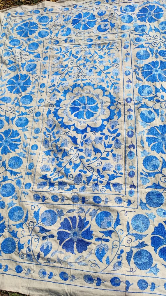 Blue Colour Handmade Suzani Embroidery Bedspread Suzani Wall - Etsy | Etsy (US)