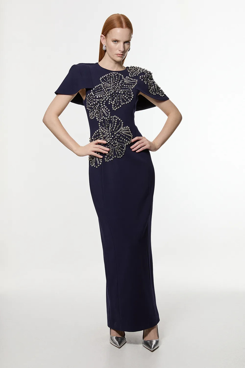 Placed Floral Crystal Embellished Tailored Cape Maxi Dress | Karen Millen | Karen Millen UK + IE + DE + NL