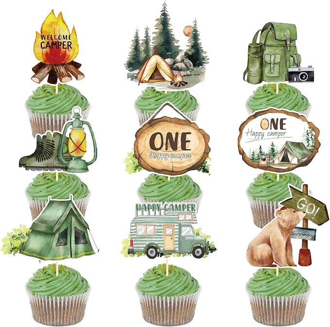 One Happy Camper Cake Topper - Joybileefun 36PCS One Happy Camper Birthday Decorations Cupcake To... | Amazon (US)