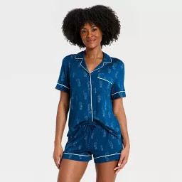 Women's Cloud Knit Short Sleeve Notch Collar Shirt and Shorts Pajama Set - Auden\u2122 Blue Seaho... | Target