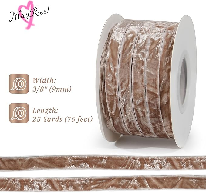 Mayreel Taupe Crushed Velvet Ribbon 3/8" x 25 Yards Taupe Ribbon for Flower Bouquet Vintage Velve... | Amazon (US)