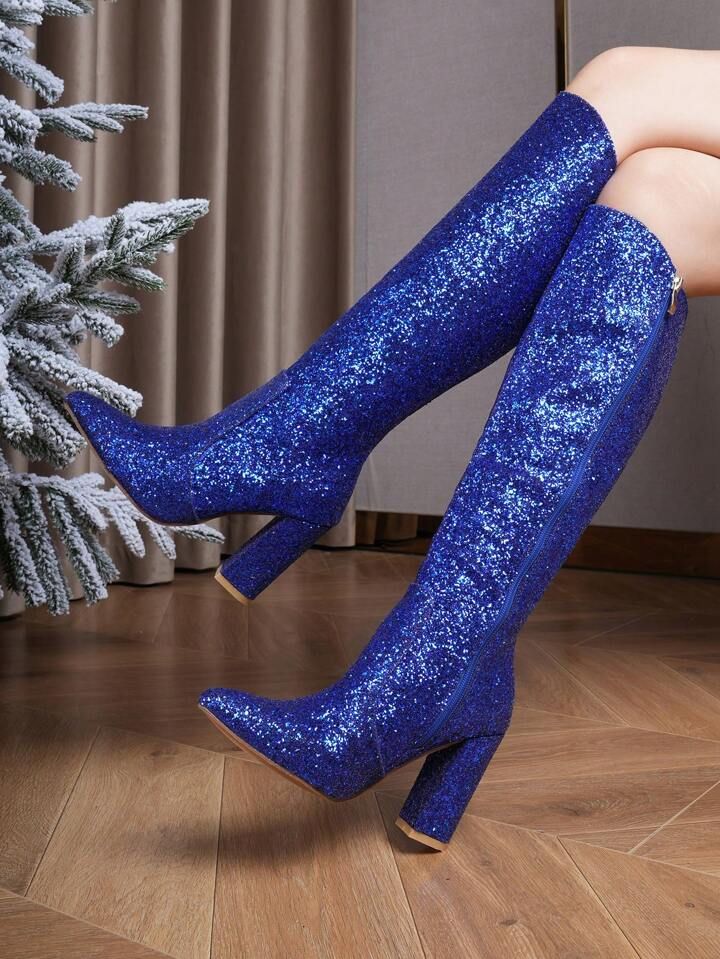 Women's Over-the-knee Boots, Blue, Chunky Heel, Winter | SHEIN