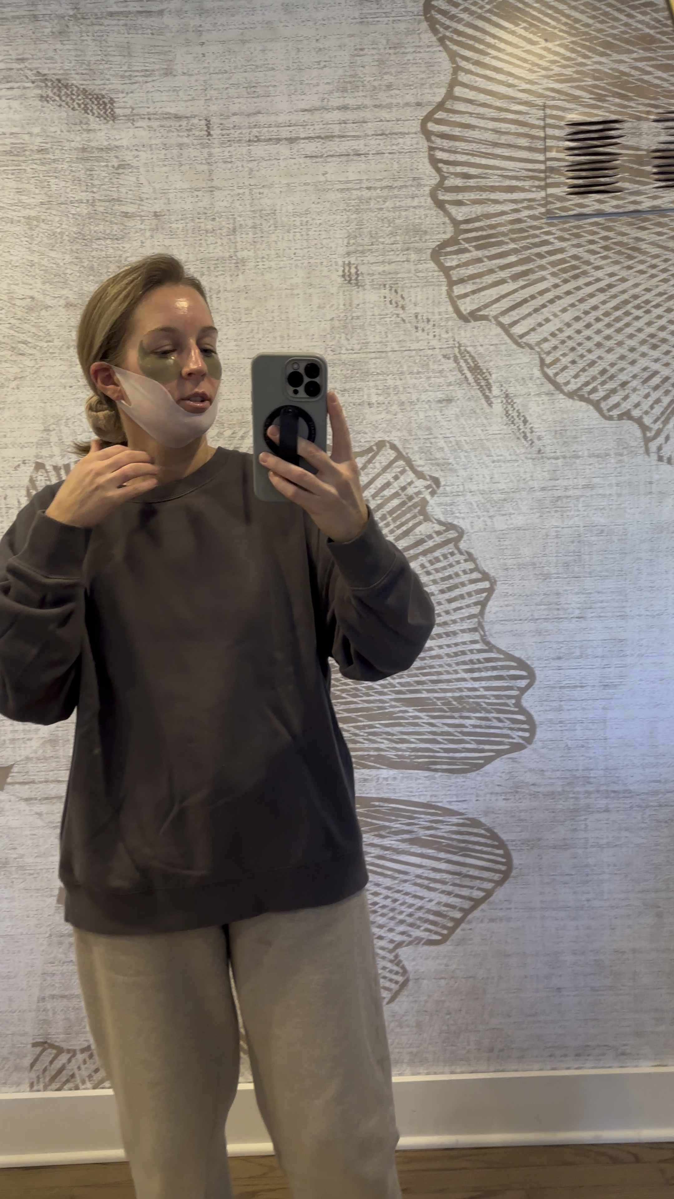 My Monday mood. 
Large sweatshirt. SO COZY! 
My most worn sweatpants. Have them in every color. Size M. 
Love these chin masks. They’re cooling and really tighten your neck! 

#LTKWatchNow #LTKOver40 #LTKBeauty
