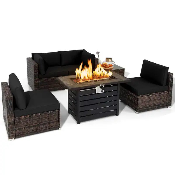 6 PCS Patio Wicker Furniture Set 42' Fire Pit Table 50,000 BTU - Black | Bed Bath & Beyond