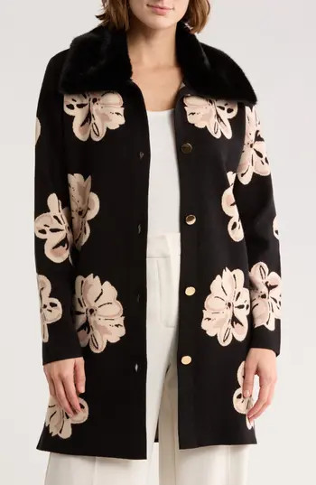 BY DESIGN Vancouver Faux Fur Trim Cardigan in Black/Tapioca at Nordstrom Rack, Size Large | Nordstrom Rack
