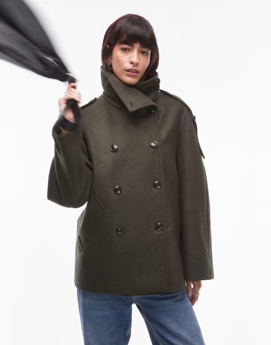 Mango oversized collar wool coat in dark green | ASOS (Global)