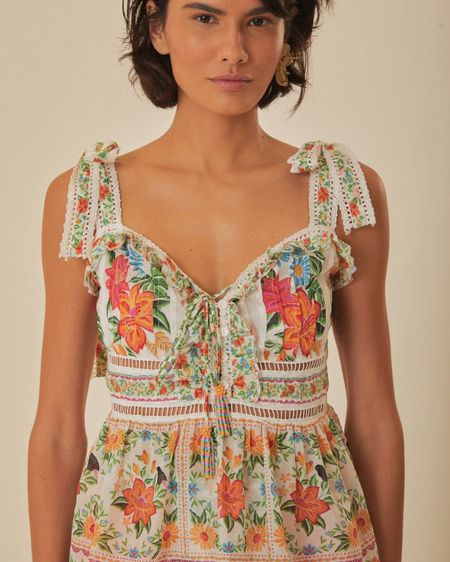 Farm Rio Off-White Bloom Garden Sleeveless Blouse

Embrace the tropical splendor with the Off-White Bloom Garden Sleeveless Blouse. Boasting an alluring square neckline framed by fluttering tie-up shoulder straps, this piece is an embodiment of breezy elegance. The vivid botanical patterns flourish across the fabric, creating a harmonious dance of bright florals and lush foliage. Delicate lace insertions cascade along the tiers, adding a touch of romance to this effortlessly chic silhouette

#LTKParties #LTKTravel #LTKStyleTip
