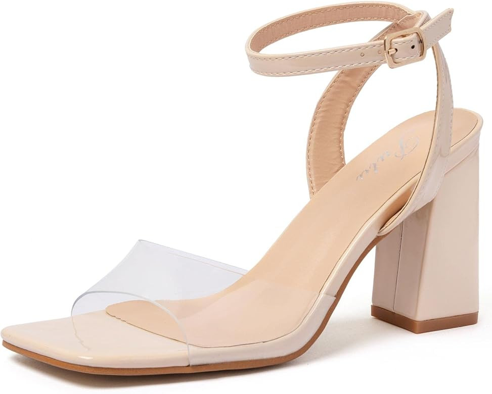 Putu Women's Clear Chunky High Heels Square Open Toe Ankle Strap Heeled Sandals | Amazon (US)