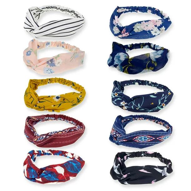 10 Pack Boho Headbands for Women Vintage Flower Printed Criss Cross Elastic Head Wrap Twisted Cut... | Walmart (US)