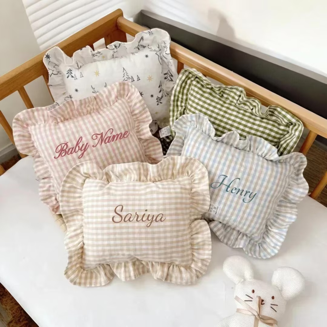Custom Name Nordic Cotton Baby Pillow With Ruffles – 28x34cm Newborn Cushion for Bedding & Room... | Etsy (US)