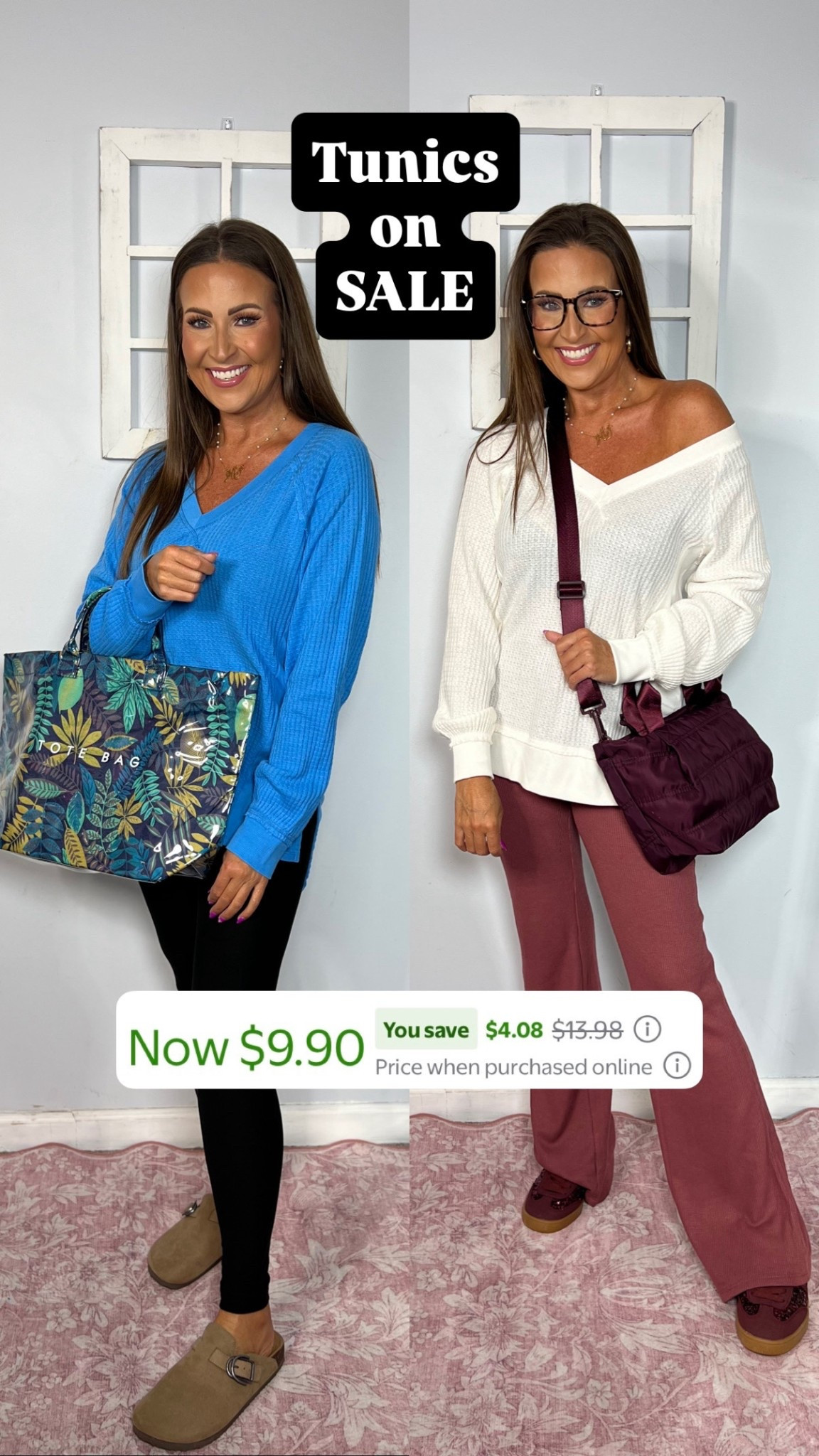 These waffle knit tunics are so comfy! They’ve got a split hem at the hip which allows them to fit in a more flattering way. All sizes are small.

Walmart deals, Walmart finds, Walmart fashion, Walmart style, fall outfit, fall fashion, fall style, thermals, leggings, crossbody bag, clogs 

#LTKSaleAlert #LTKSeasonal #LTKootd