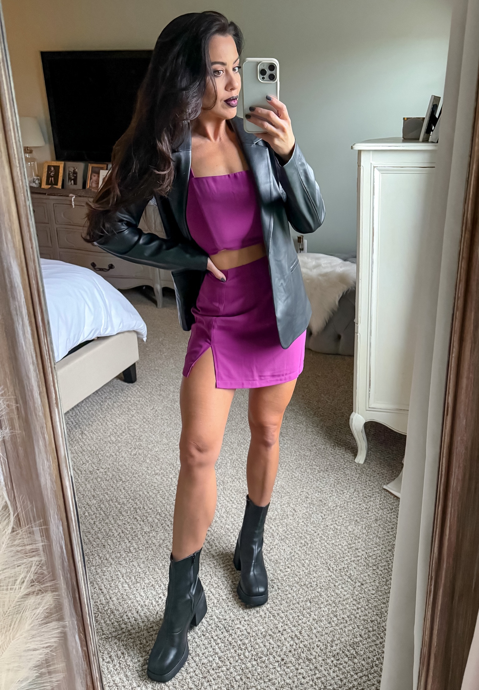 Halloween style. Skirt set. Leather blazer. Black boots. 

#LTKSeasonal #LTKfindsunder50 #LTKHalloween