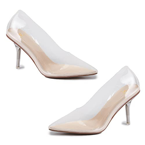 MOOMMO Women Clear Stiletto Pumps Closed Pointed Toe Slip On Transparent Stiletto High Heels 3 Inch Sexy PVC Clear Dress Heels Shoes Sandals Comfort Stylish Party Wedding Summer Nude 8.5 M US | Amazon (US)