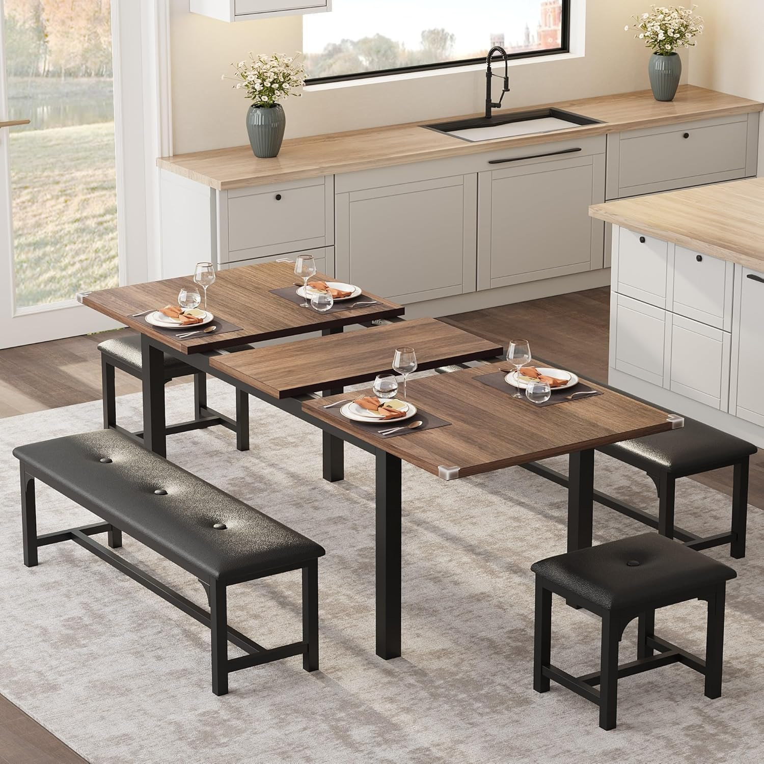Garvee Dining Table Set for 6 to 8 with Upholstered Benches and Stools 63in Large Extendable Dining Room Table Set Wooden Dinner Table Set with Metal | Lowe's