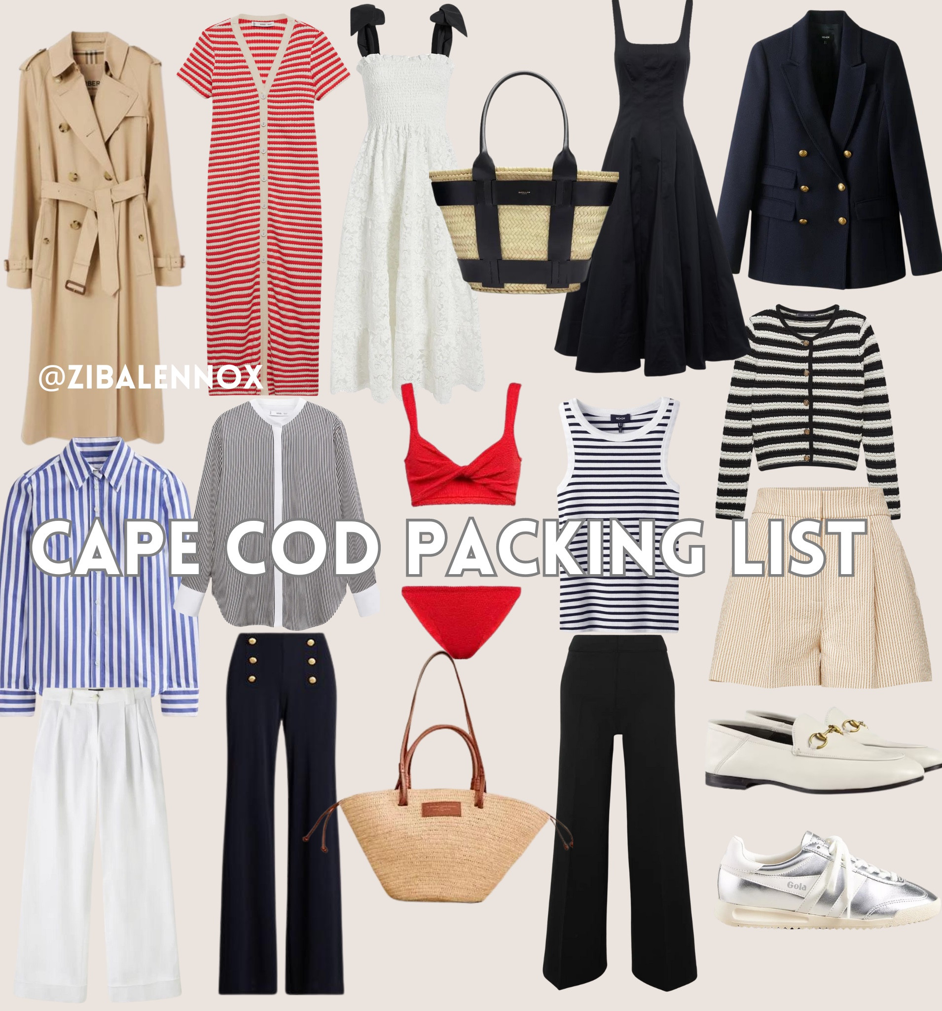 For a preppy chic New England vibe! Here’s a list of what to pack for Cape Cod!
1) trench coat- always chilly
2) crochet dress
3) raffia bag
4) little white dress and little black dress
5) navy blazer
6) classy beige shorts
7) flag sweater
8) white trousers or maxi skirt
9) striped cardigans
10) blue and white dress and button downs 
11) vintage sneakers
12) Carolyn Bisette Kennedy sunglasses 
13) white loafers
14) bikini
15) navy button trousers
16) spanx pointe wide leg trousers
