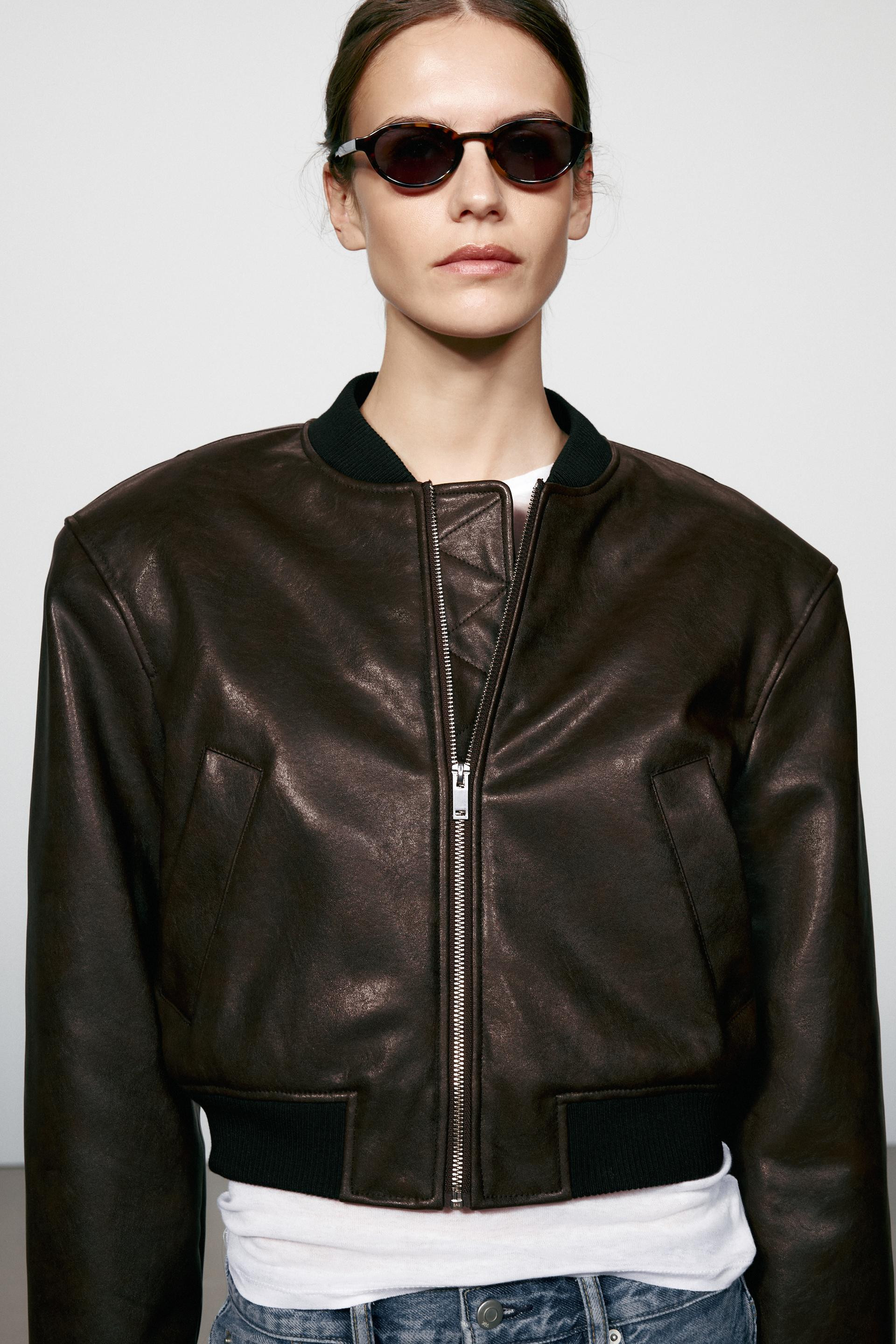 Zara - Faux Leather-Effect Bomber Jacket - Brown - L - Woman | Zara US