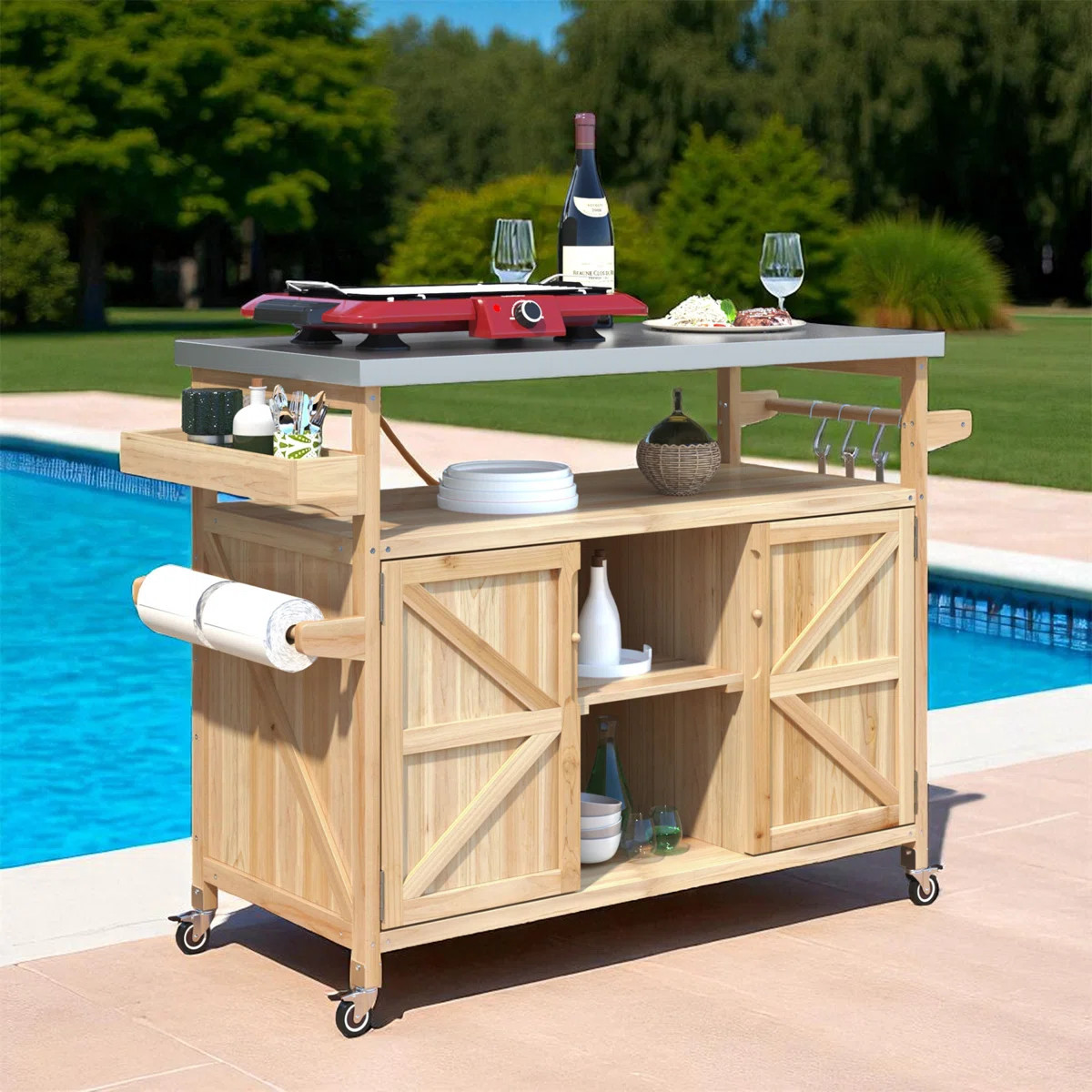 Farmhouse Outdoor Grill Cart, Rolling Bar Cart & Outdoor Kitchen Island, Solid Wood Grill Table W... | Wayfair North America