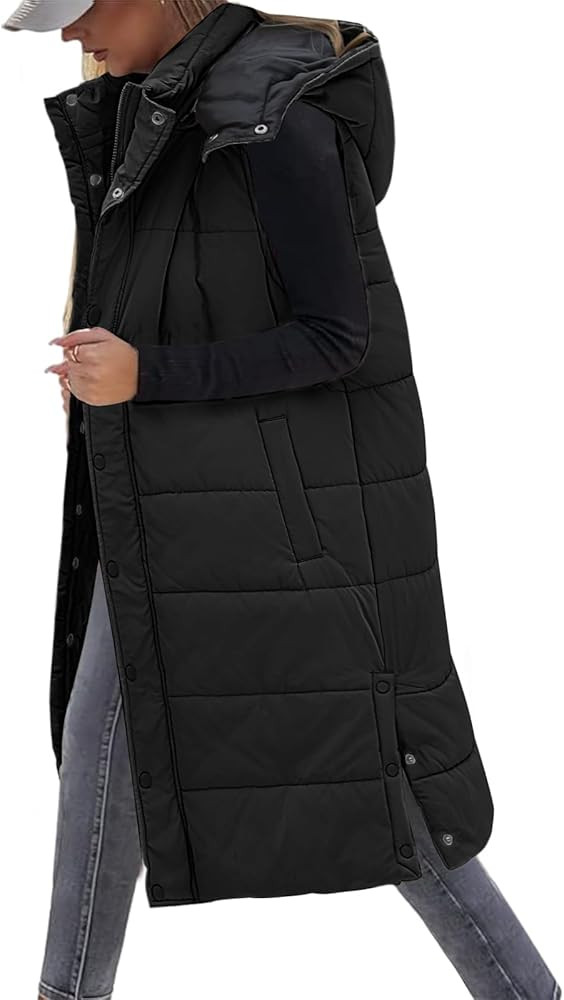 Women's Long Puffer Vest Sleeveless Jacket Fall Winter Zip Up Coat with Removable Hood Quilted Ca... | Amazon (US)