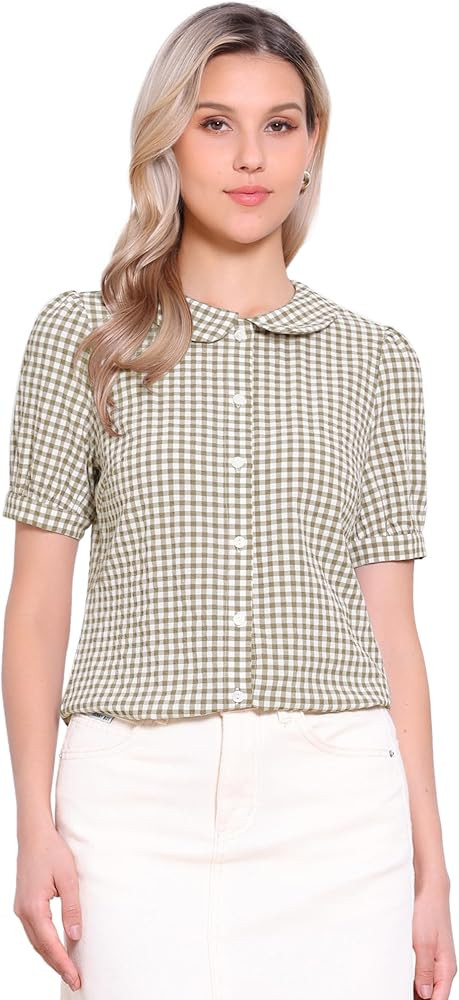 Allegra K Women's Peter Pan Collar Plaid Shirt Puff Short Sleeve Button Down Blouses Casual Summe... | Amazon (US)