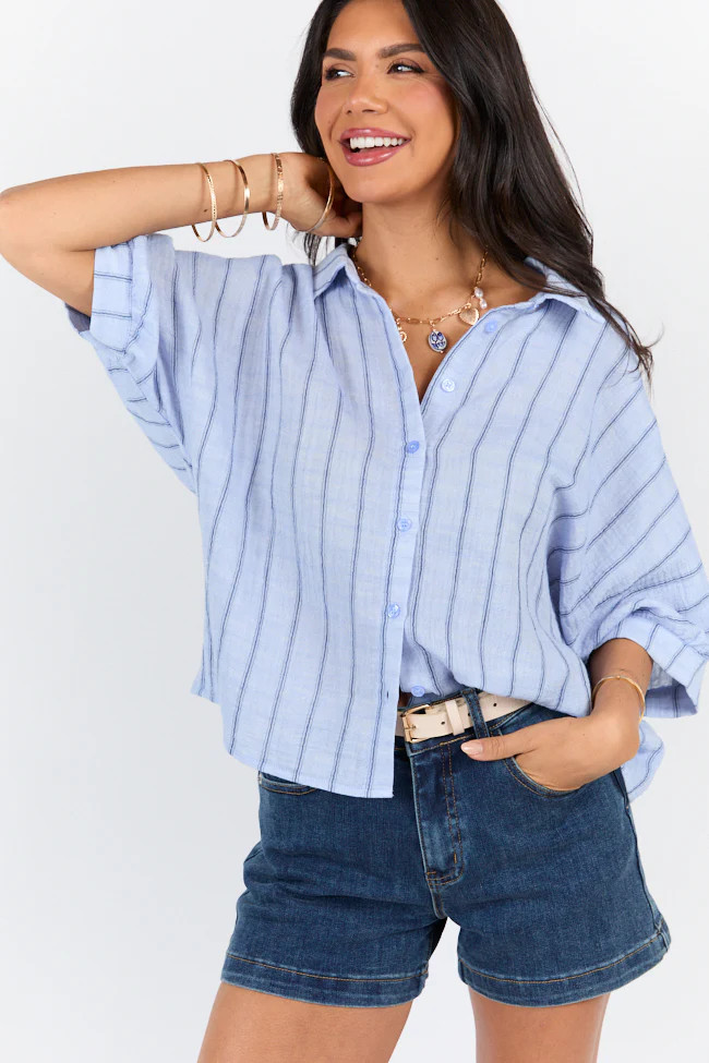 In The Sunshine Blue Oversized Striped Gauze Button Down Top | Pink Lily