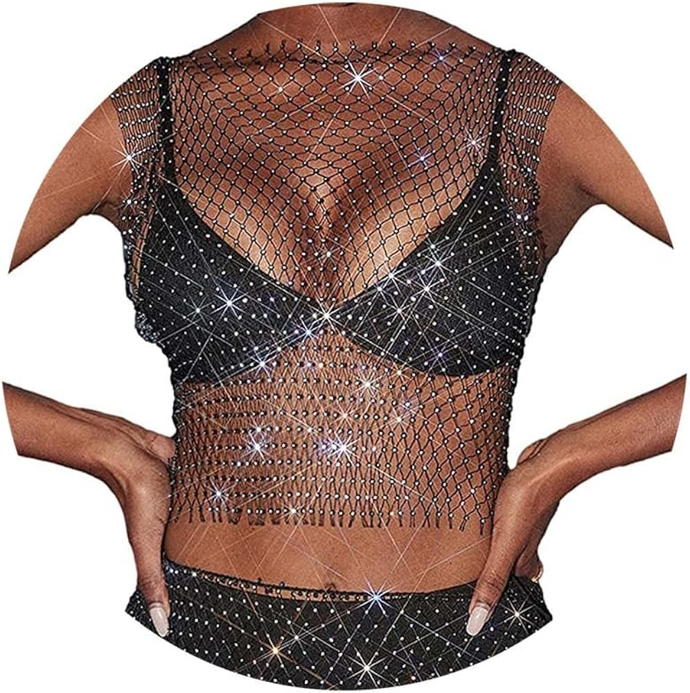 Yokawe Rhinestone Mesh Top Black Sparkly Crystal Tank Tops See Through Bikini Cover Up Nightclub ... | Amazon (US)