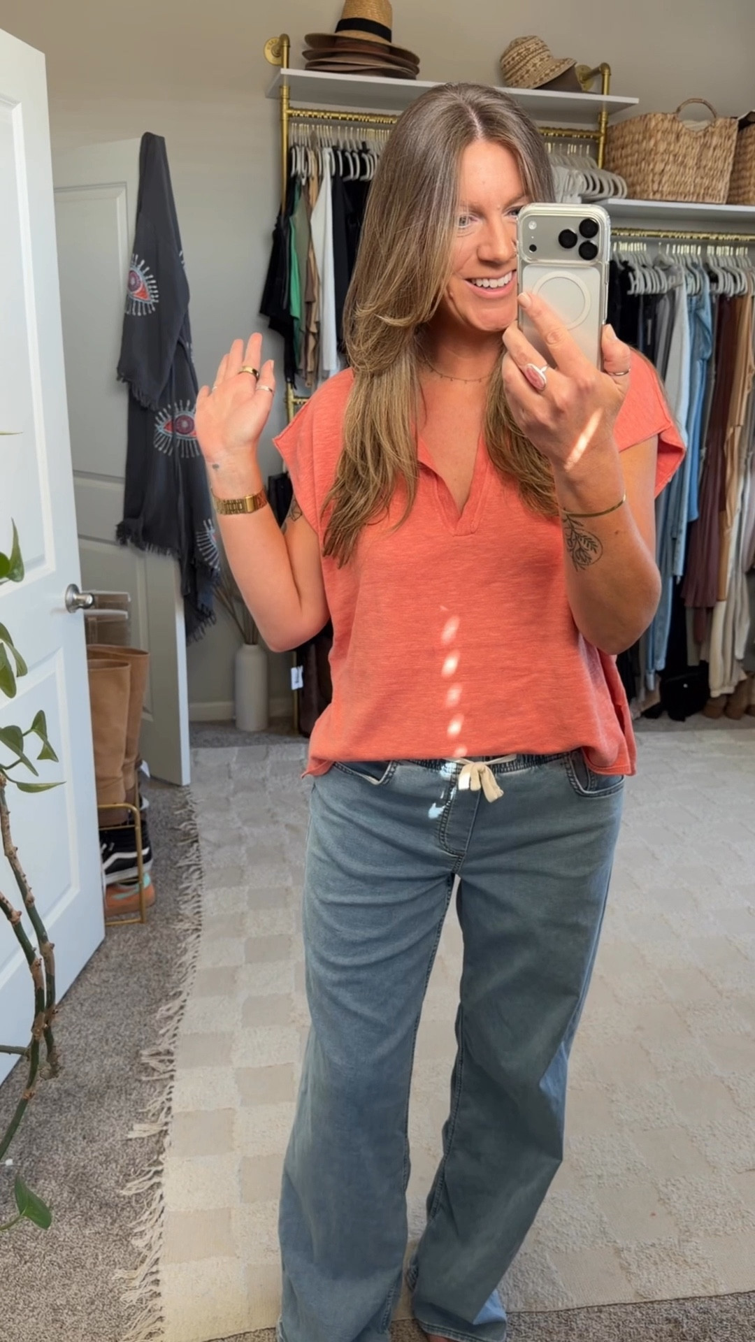 Large top, medium tall pants. Both come in more colors 

#LTKOver40 #LTKTall