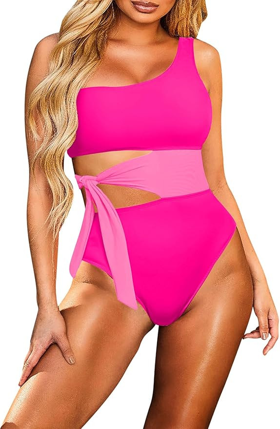 Viottiset Women's One Piece Swimsuit Cut Out Tie Waist One Shoulder Swimwear Cheeky High Cut Bath... | Amazon (US)