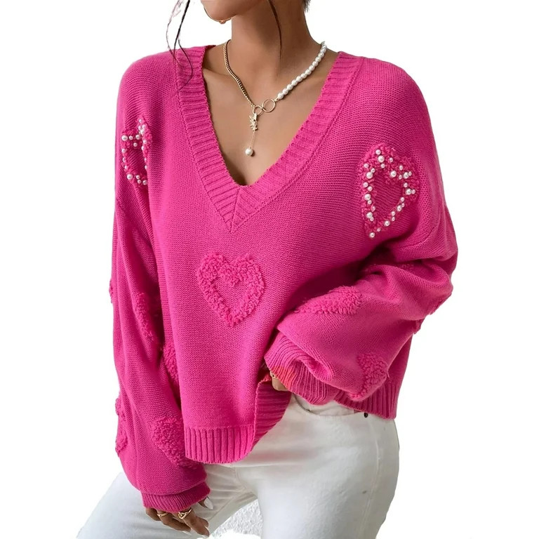 Casual Heart V neck Pullovers Long Sleeve Hot Pink Women's Sweaters (Women's) - Walmart.com | Walmart (US)