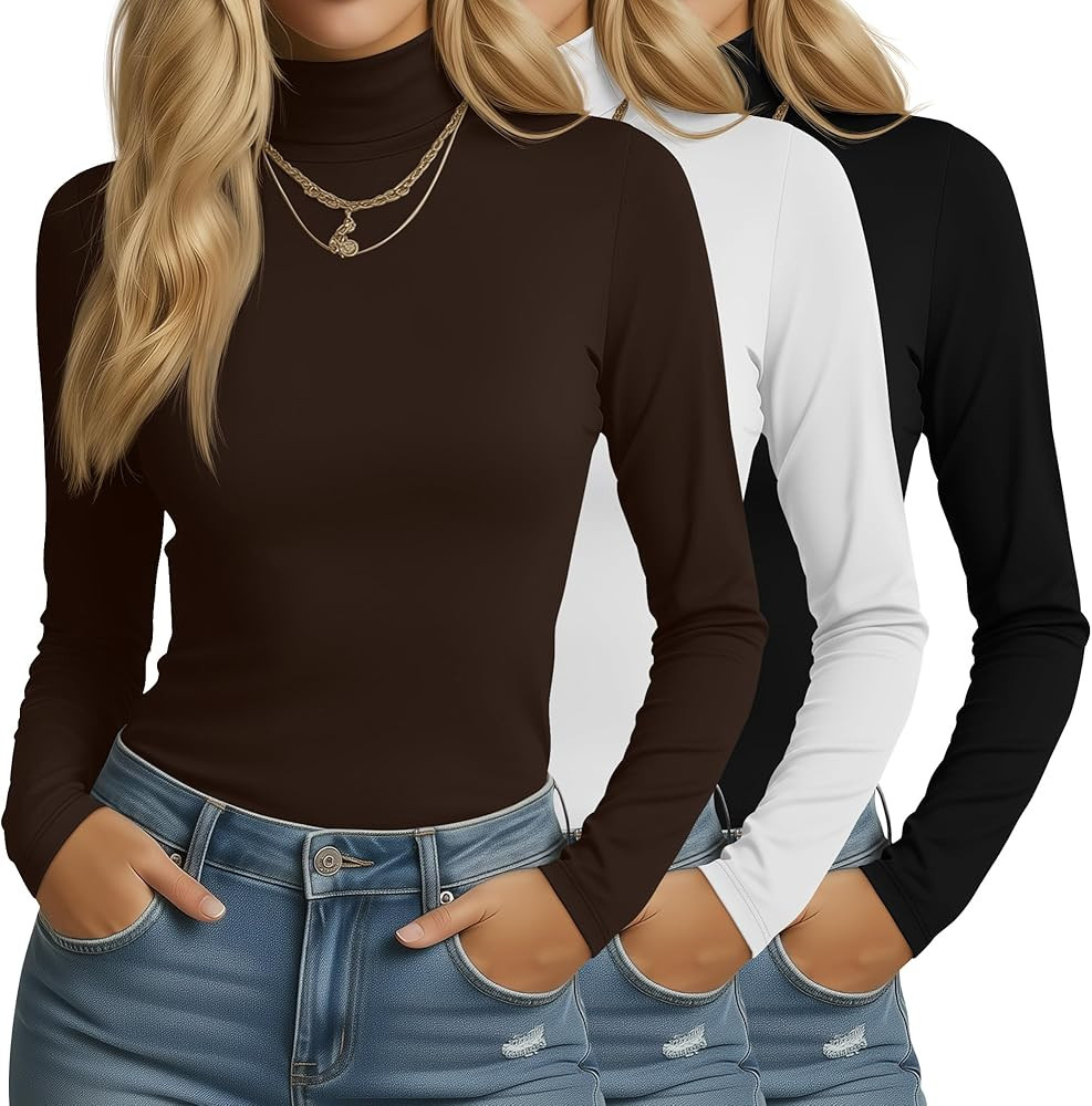 3 Pack Women's Turtleneck Tops Mock Neck Long Sleeve Slim Fitted Shirts Lightweight Layer Shirt S... | Amazon (US)