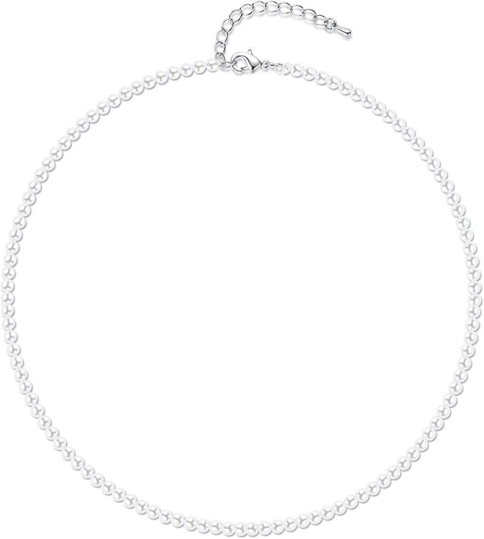 Aleasha Faux Pearl Strand 4mm-10mm 14"-22" White Pearl Necklace Choker Women Men Wedding Jewelry | Amazon (US)
