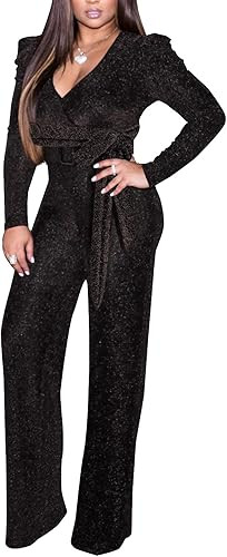 SeNight Jumpsuits for Women Elegant Long Sleeve Sexy V Neck Casual Long Wide Leg Pants with Pocke... | Amazon (US)
