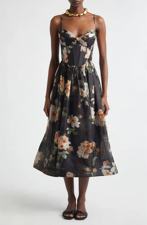 Zimmermann Kindred Spirit Luna Linen & Silk Organza Corset Midi Dress in Black Rose at Nordstrom, Size 4 | Nordstrom