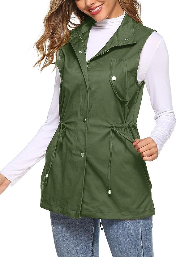 UUANG Women's Zip Up Drawstring Sleveeless Jacket Military Vest Outerwear w/Two Pockets | Amazon (US)