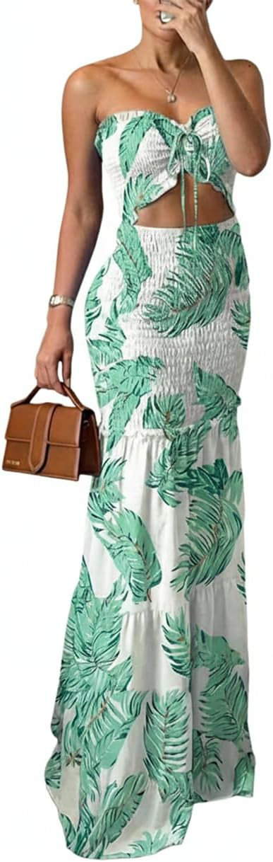 CHICME Floral Printed Prom Dress Tie Ruched Shirred Bandeau Party Dress Slim Fit Ruffle Hem Vacat... | Amazon (US)