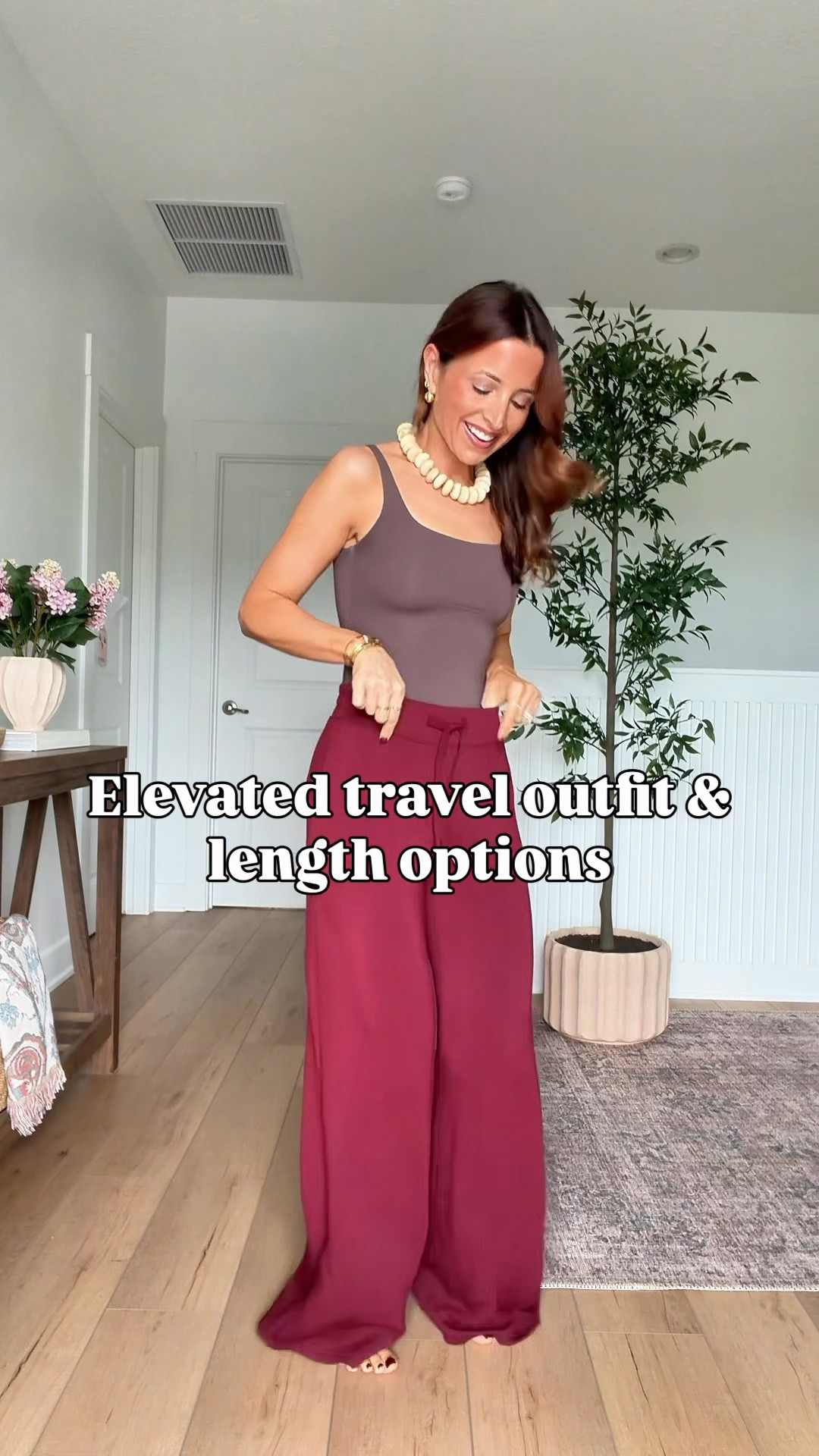 Elevated travel outfit in length options! Wide leg pants that are so sleek for travel. Code LISAMARIEXSPANX on first time purchases. This is a new color! Matching wide leg pant set. Travel outfit. Airport outfit. Comfortable outfit. Fall outfit. Wearing XS petite in pants and XS in top. I went up half a size in brown sneakers. Matching Beis luggage sets.