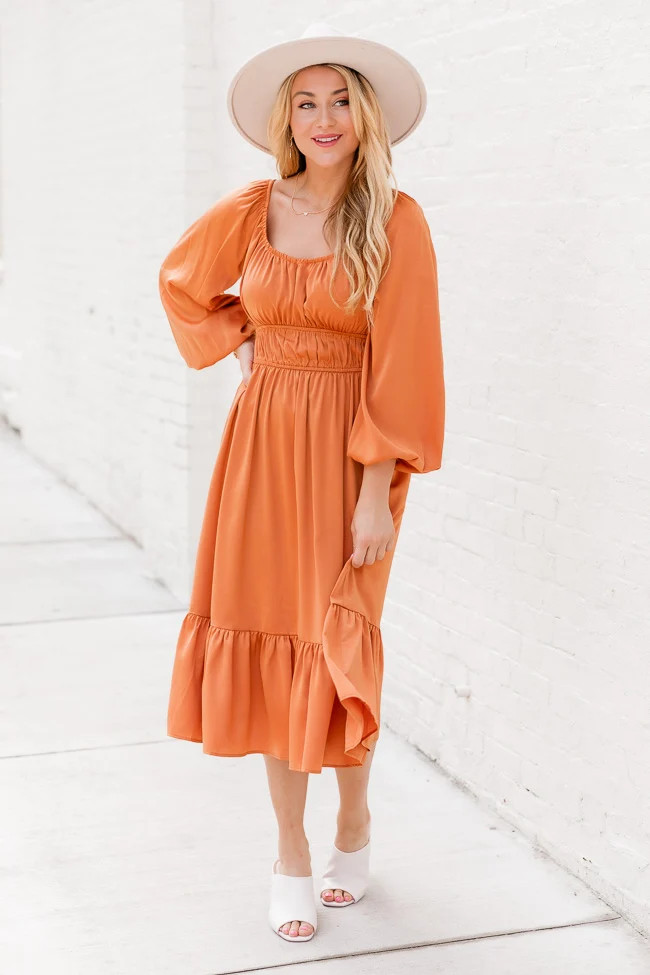 Longing For More Rust Satin Midi Dress | Pink Lily