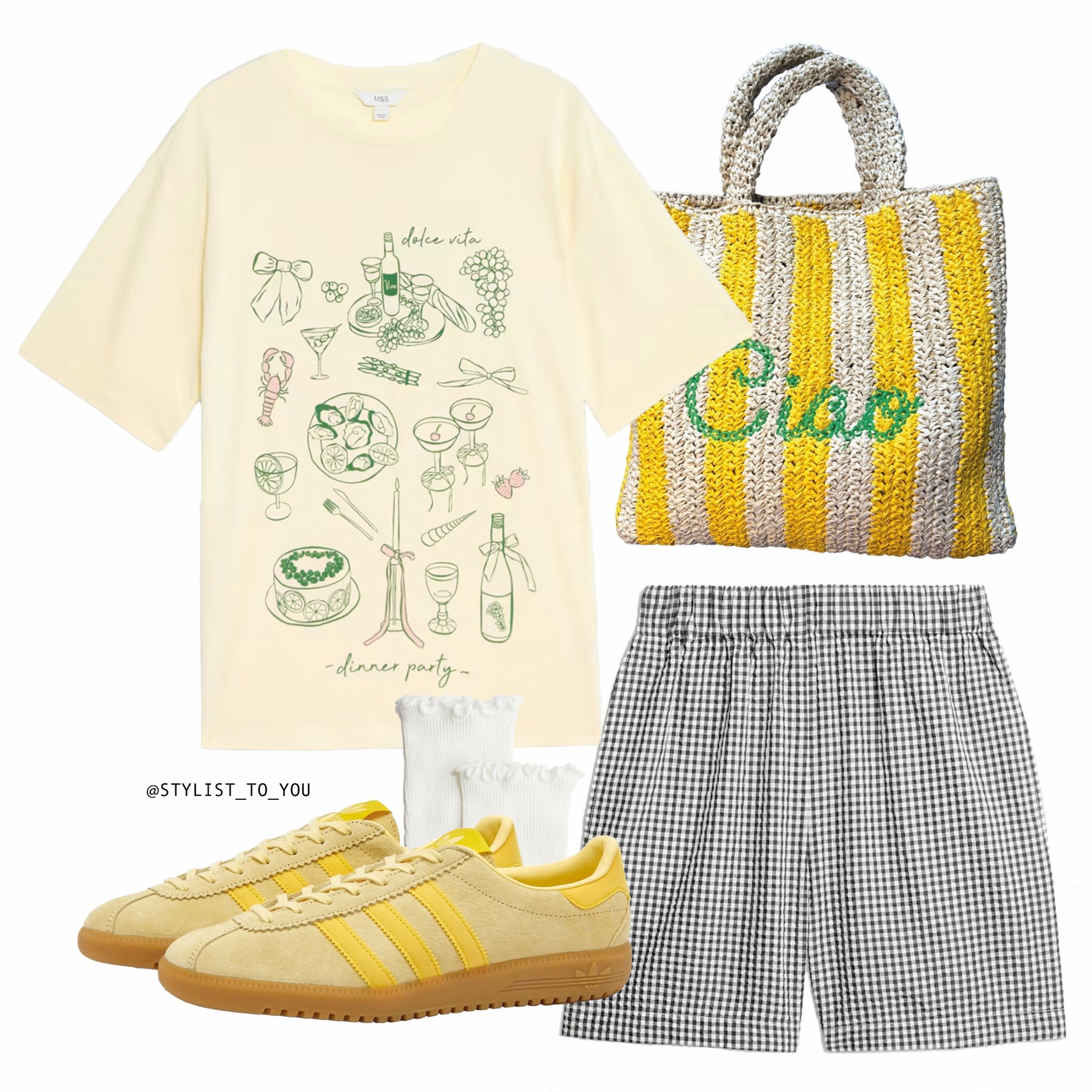 Limoncello 🍋💛

Casual summer outfit featuring a light yellow graphic tee with dinner-themed super club illustrations, black and white gingham shorts, yellow Adidas sneakers, white ruffle lettuce hem socks, and a yellow striped woven beach tote bag that says “Ciao”, summer outfit, casual style, graphic tee, yellow shirt, gingham shorts, picnic look, vacation outfit, playful fashion, yellow sneakers, Adidas style, summer bag, woven tote, beach bag, white socks, feminine casual, light tones, cheerful outfit, checkered shorts, retro summer, Italian theme, straw tote, cute sneakers, sporty look, comfy summer, summer prints, illustrated tee, casual chic, warm weather outfit, weekend style, colourful fashion, European summer, statement tee, lemonade vibes, sunny style, modern retro, relaxed fit, travel look, warm tones, French girl vibe, everyday outfit

#LTKtravel #LTKstyletip #LTKuk