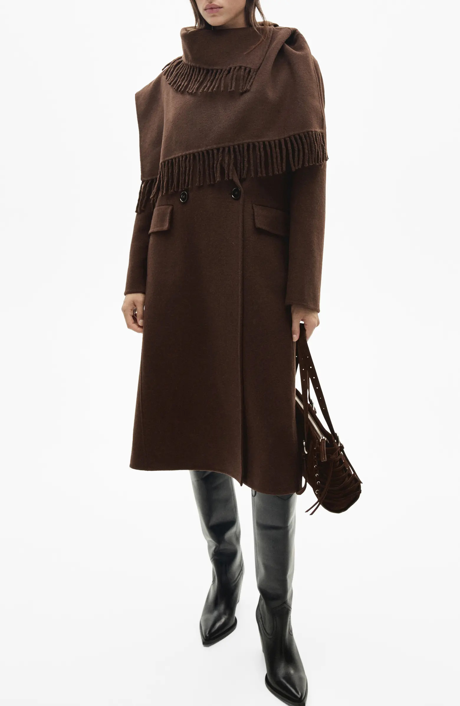 MANGO Wool Blend Coat with Fringed Scarf | Nordstrom | Nordstrom