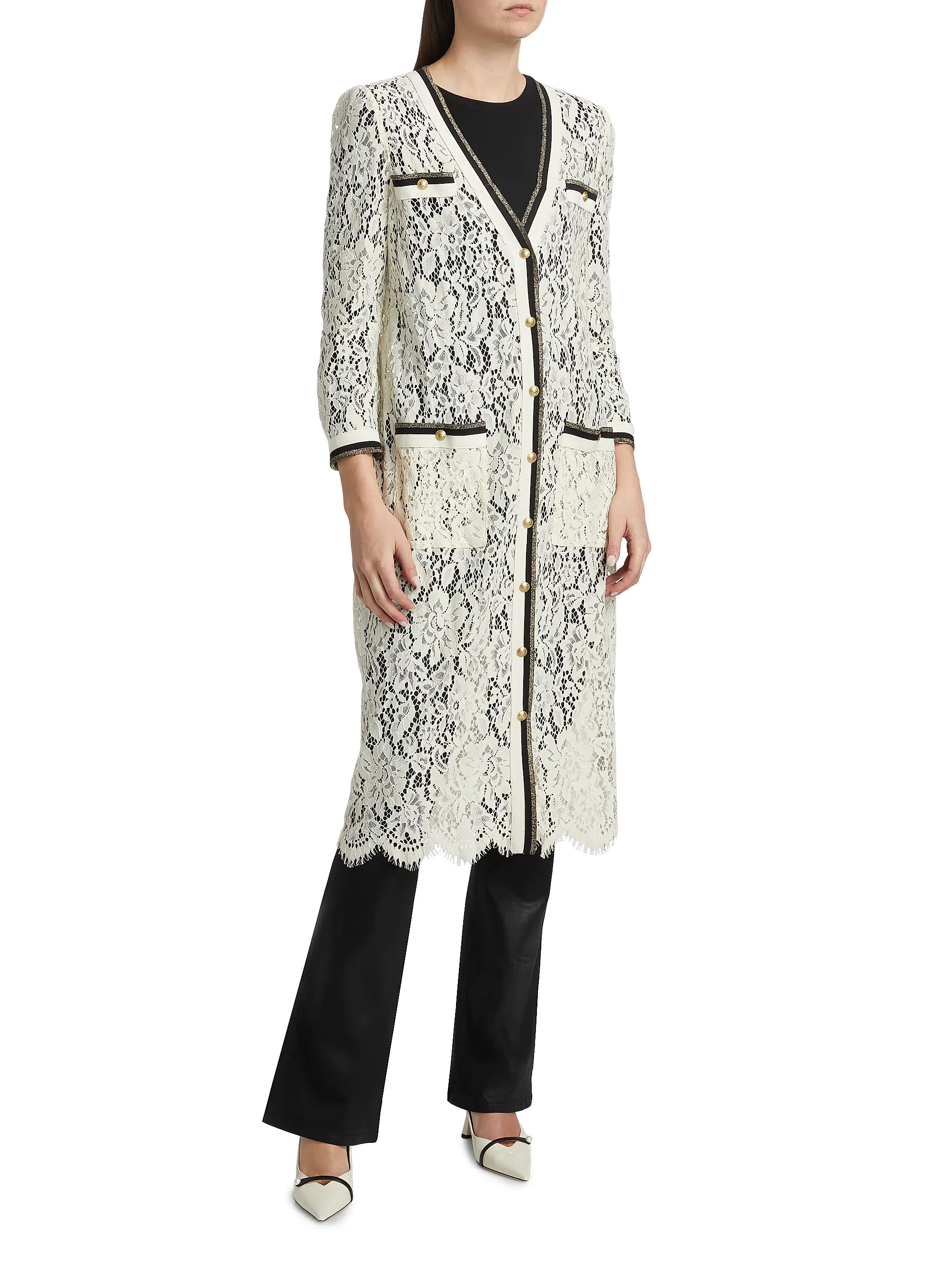 L'AGENCE Whisper Contrast-Trimmed Lace Cardigan | Saks Fifth Avenue | Saks Fifth Avenue