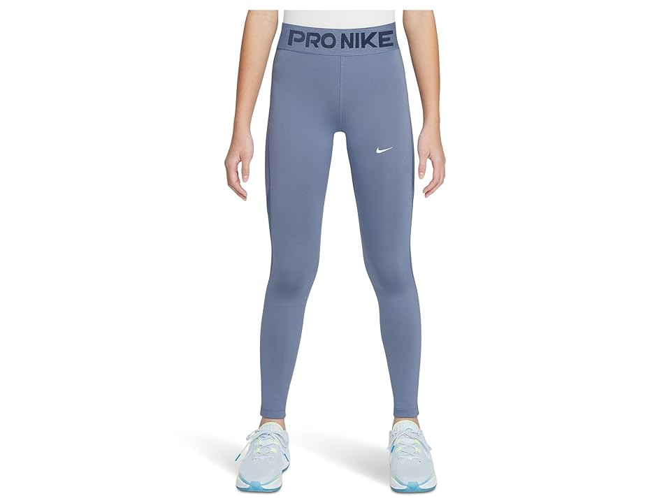 Nike Kids Pro Mid-rise Leggings (Little Kid/Big Kid) Girl's Clothing World Indigo : MD (10-12 Big Kid), Polyester/Spandex | Zappos