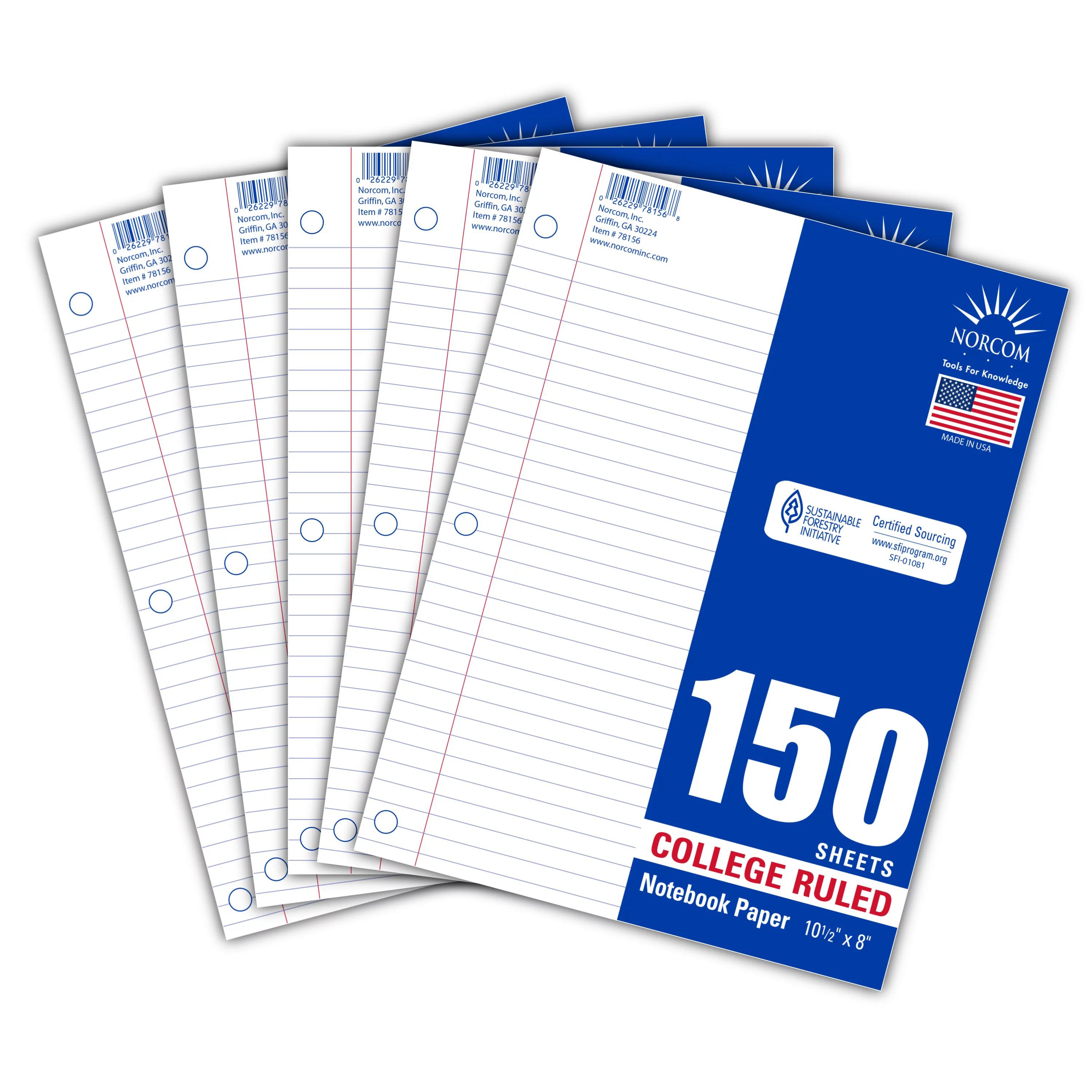 Norcom 5-Pack Filler Paper, 150 Sheets, College Ruled, 10.5" x 8" - Walmart.com | Walmart (US)