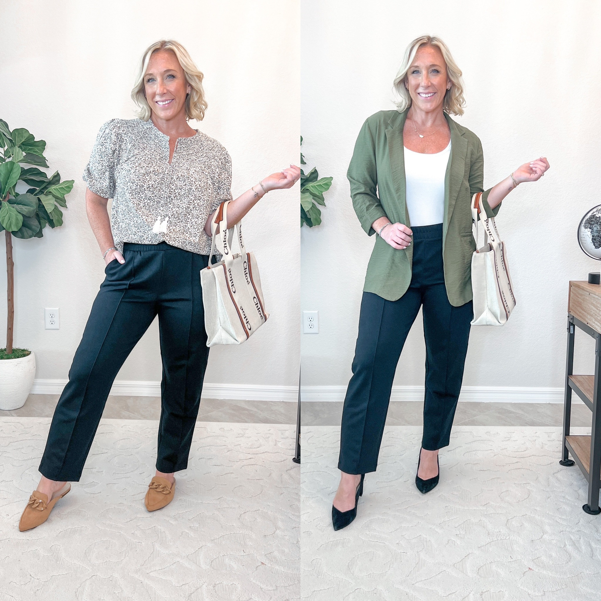 $25 pull on pants - color: black, size: small. Super comfy!
Short sleeve top - size medium. (Currently on sale + 35% off, making to $18.20).
Bodysuit - size medium.
Olive green blazer - size medium. Linen material .

#LTKworkwear #LTKstyletip #LTKBacktoSchool