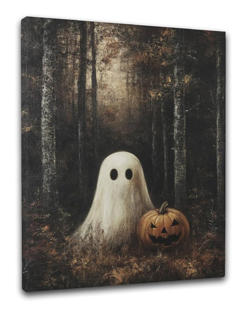 Halloween Canvas Wall Art – Moody Ghost in Haunted Forest with Pumpkin – Gothic Ghostcore Fra... | Amazon (US)