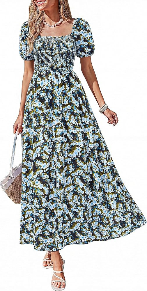 BTFBM Summer Maxi Dresses for Women Wedding Guest Spring Floral Boho Short Sleeve Smocked Beach G... | Amazon (US)