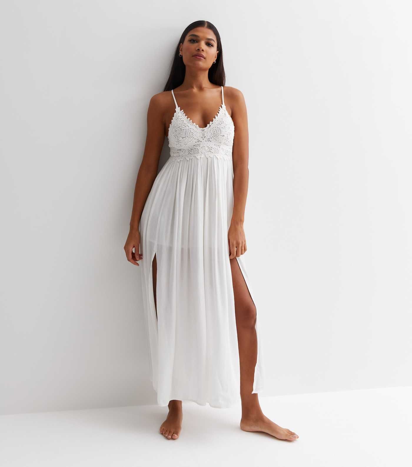 White Crochet Split Hem Beach Maxi Dress | New Look | New Look (UK)