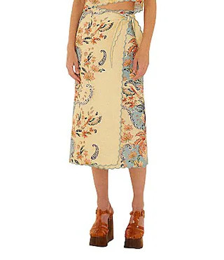 Farm Rio Boho Beauty Butter V-Neck Short Sleeve Scallop Hem Coordinating Linen Wrap Midi Skirt -  XL | Dillard's