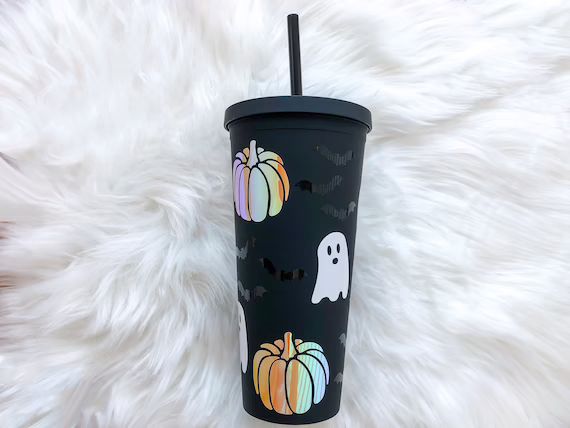 Halloween Pumpkin Bat Ghost Matte Black Tumbler with Straw | Fall Themed Iced Coffee Cup | Hallow... | Etsy (US)