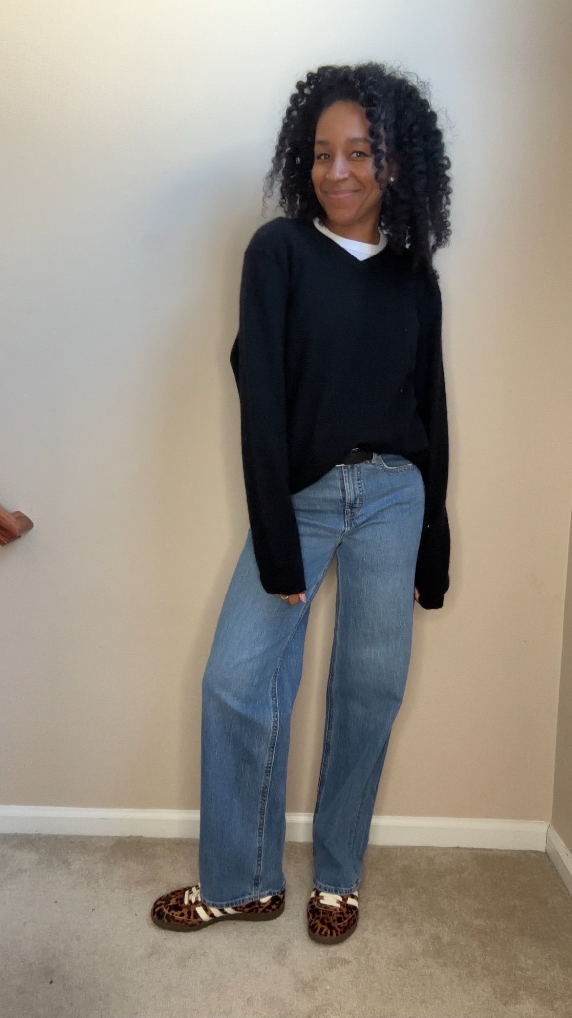 The perfect winter casual outfit formula - wide leg jeans and a black mens pullover sweater.  
 

 #LTKgrwm #LTKootd #LTKU